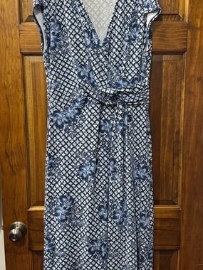 Lands' End Navy and White Floral Wrap Maxi Dress